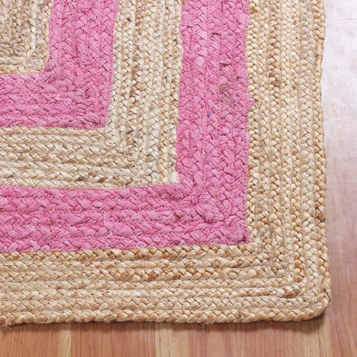 Geometric Hand Braded Beige pink Living Room Jute Rug - Indian Rug Store