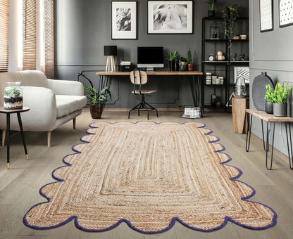 Hand Braded Geometric Beige Blue Living Room Jute Rug - Indian Rug Store