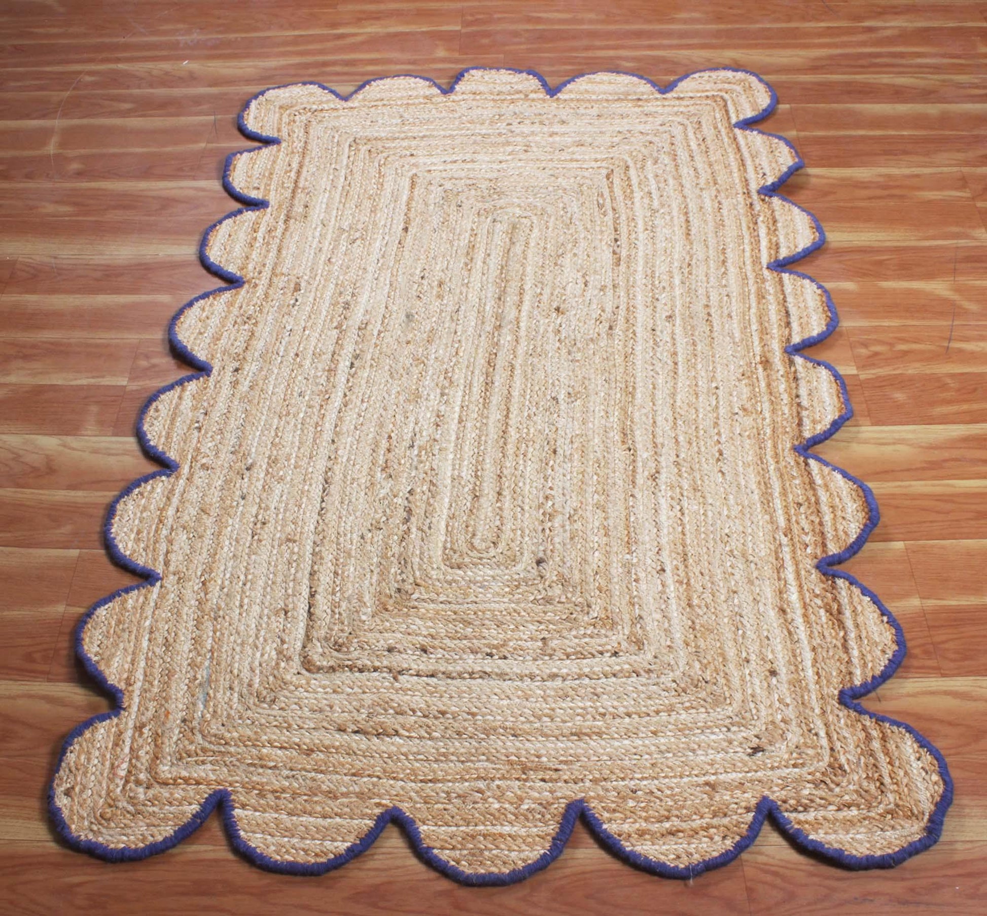 Hand Braded Geometric Beige Blue Living Room Jute Rug - Indian Rug Store