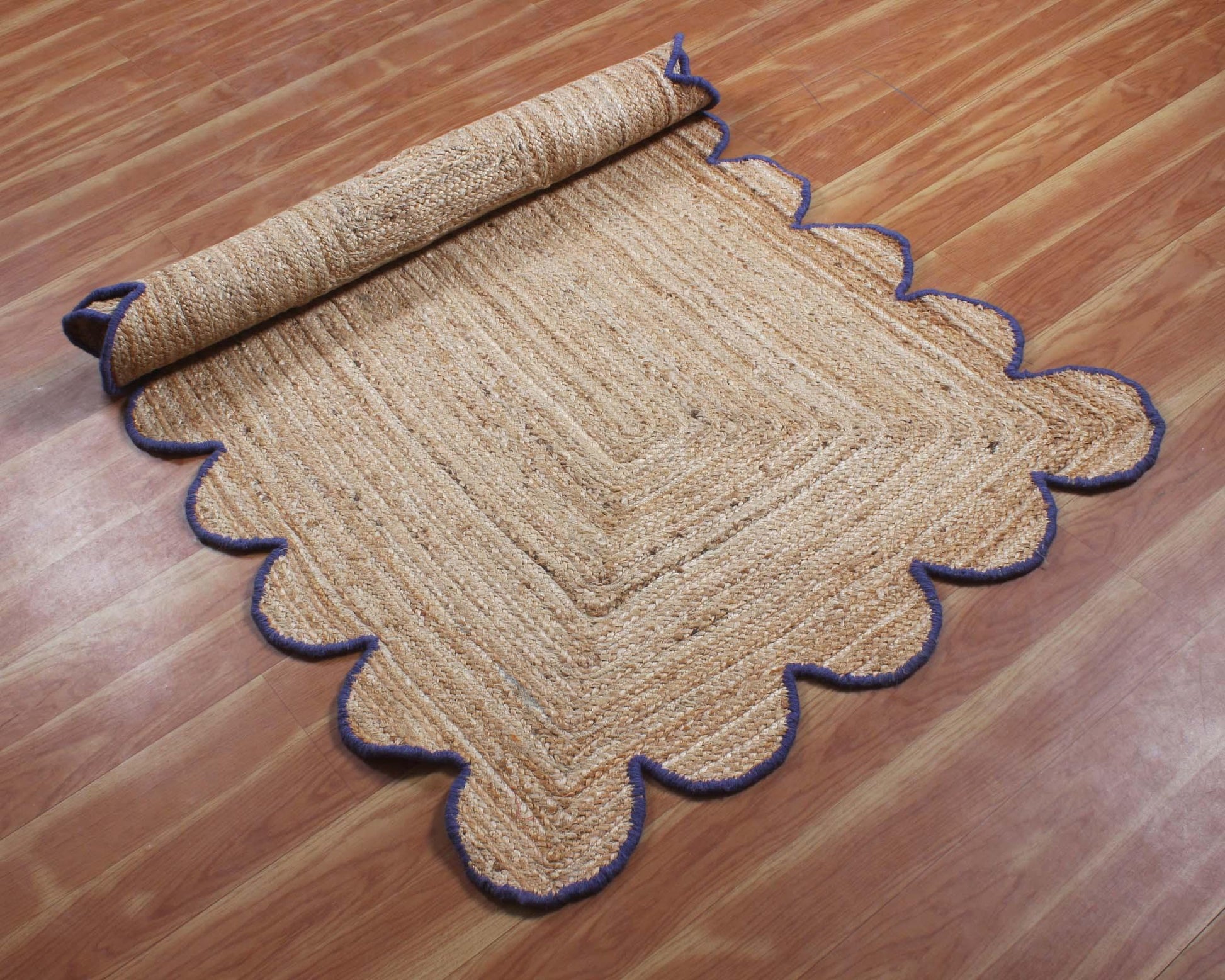 Hand Braded Geometric Beige Blue Living Room Jute Rug - Indian Rug Store