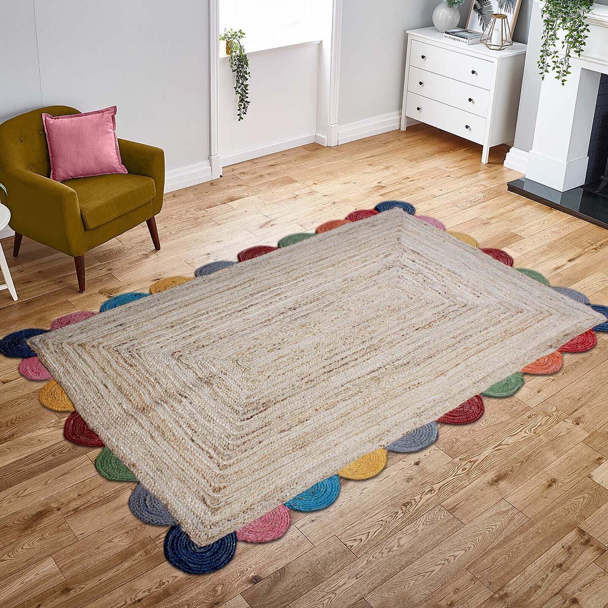 Geometric Hand Braided Beige Multicolor Hallway Runner Jute Rug - Indian Rug Store