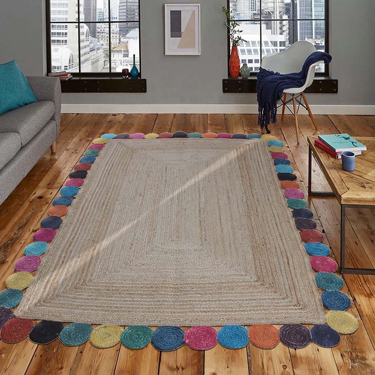 Hand Braided Geometric Beige Multicolor Hallway Runner Jute Rug - Indian Rug Store