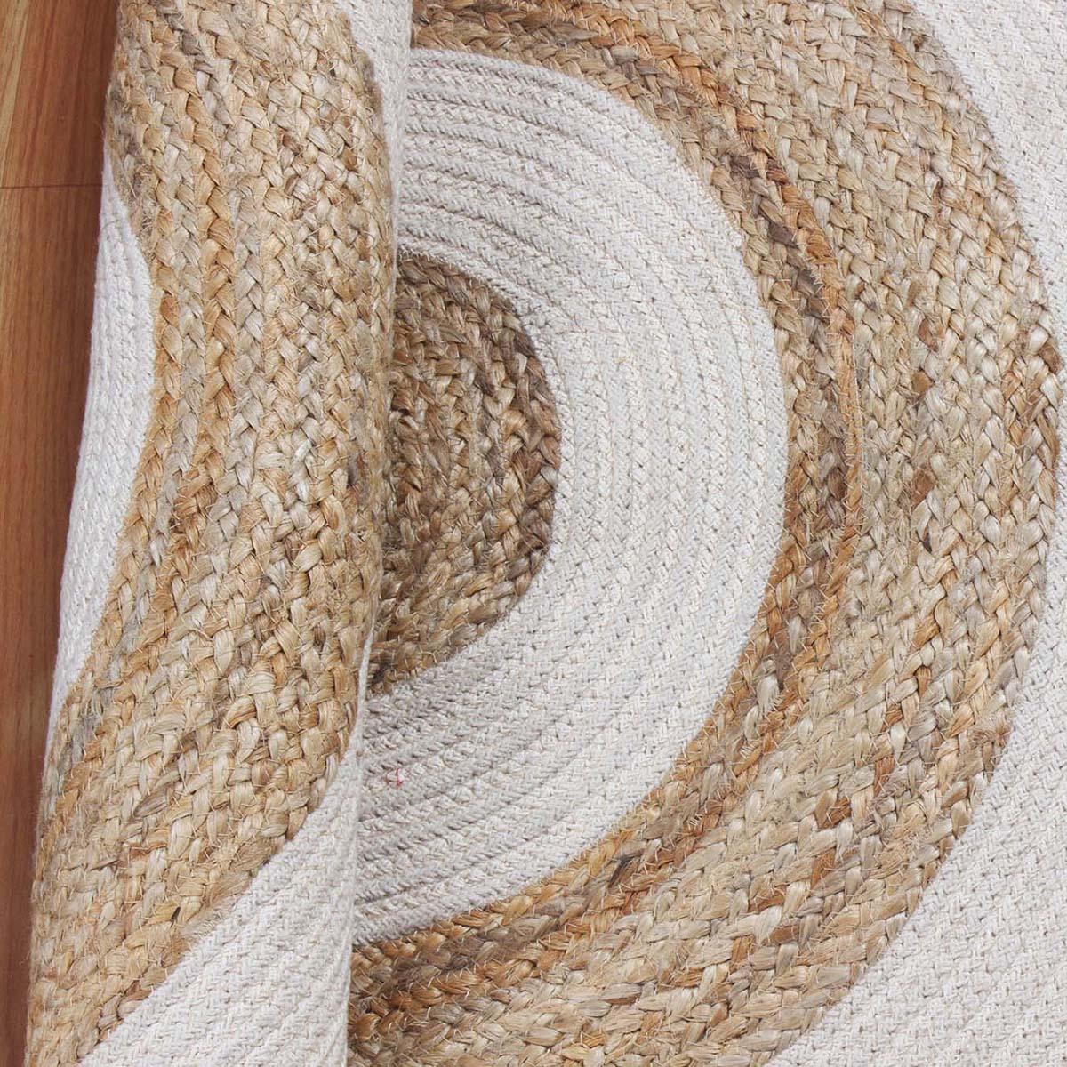 Hand Braided Striped Beige White Hallway Runner Jute Rug - Indian Rug Store