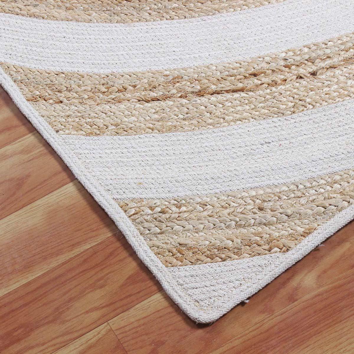 Hand Braided Striped Beige White Hallway Runner Jute Rug - Indian Rug Store