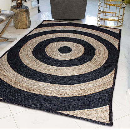 Striped Hand Braded Beige Black Living Room Jute Rug - Indian Rug Store