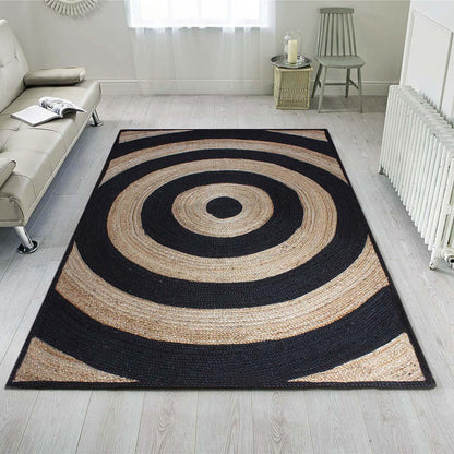 Striped Hand Braded Beige Black Living Room Jute Rug - Indian Rug Store