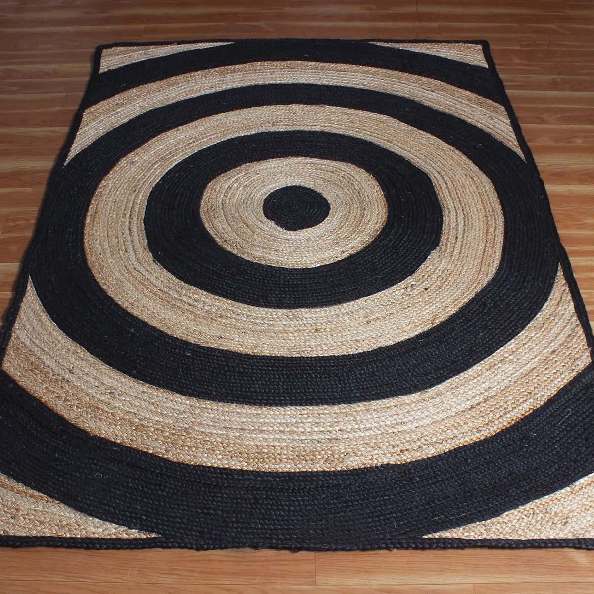 Striped Hand Braded Beige Black Living Room Jute Rug - Indian Rug Store