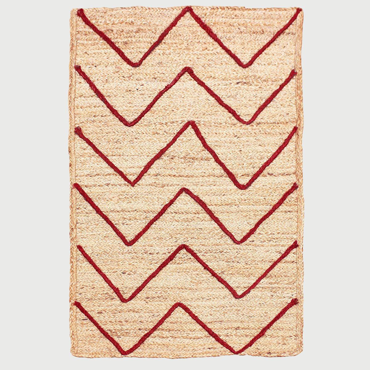 Geometric Hand Braded Beige Red Dining Hall Jute Rug - Indian Rug Store