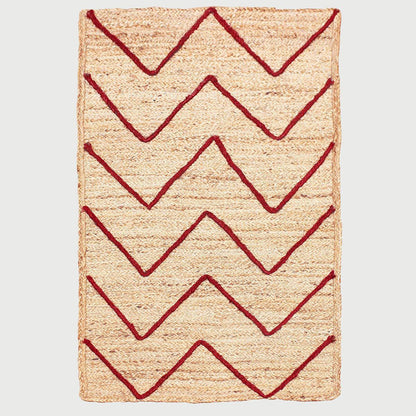 Geometric Hand Braded Beige Red Dining Hall Jute Rug - Indian Rug Store