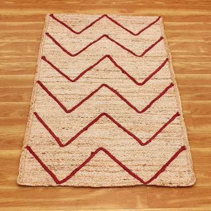 Geometric Hand Braded Beige Red Dining Hall Jute Rug - Indian Rug Store