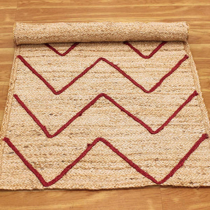 Geometric Hand Braded Beige Red Dining Hall Jute Rug - Indian Rug Store