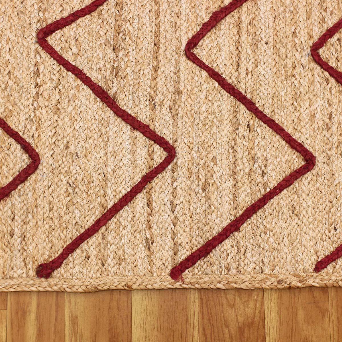 Geometric Hand Braded Beige Red Dining Hall Jute Rug - Indian Rug Store