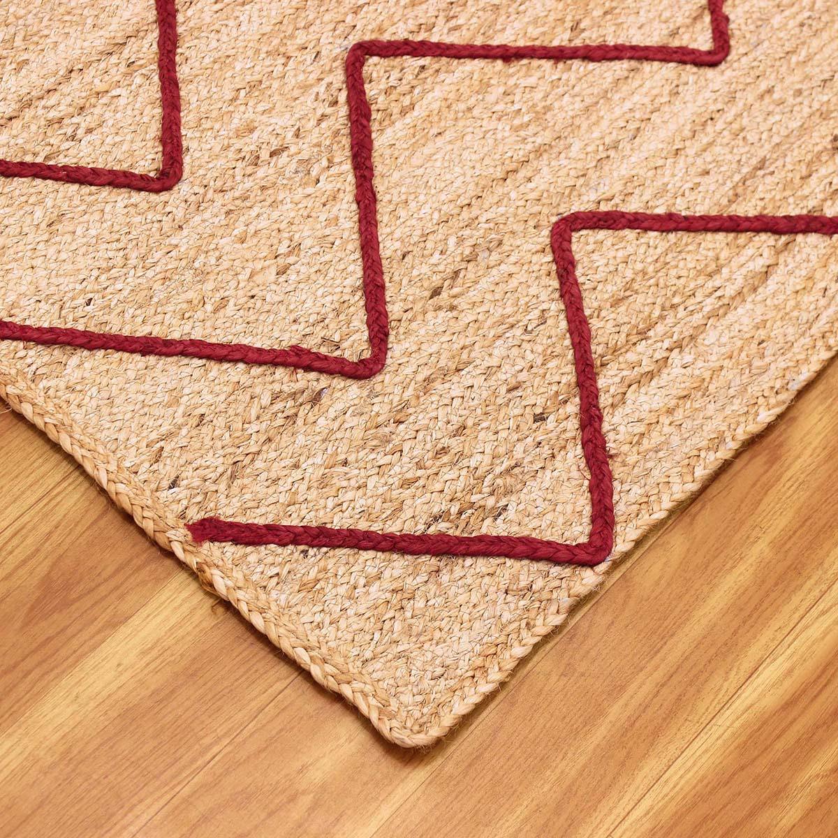 Geometric Hand Braded Beige Red Dining Hall Jute Rug - Indian Rug Store