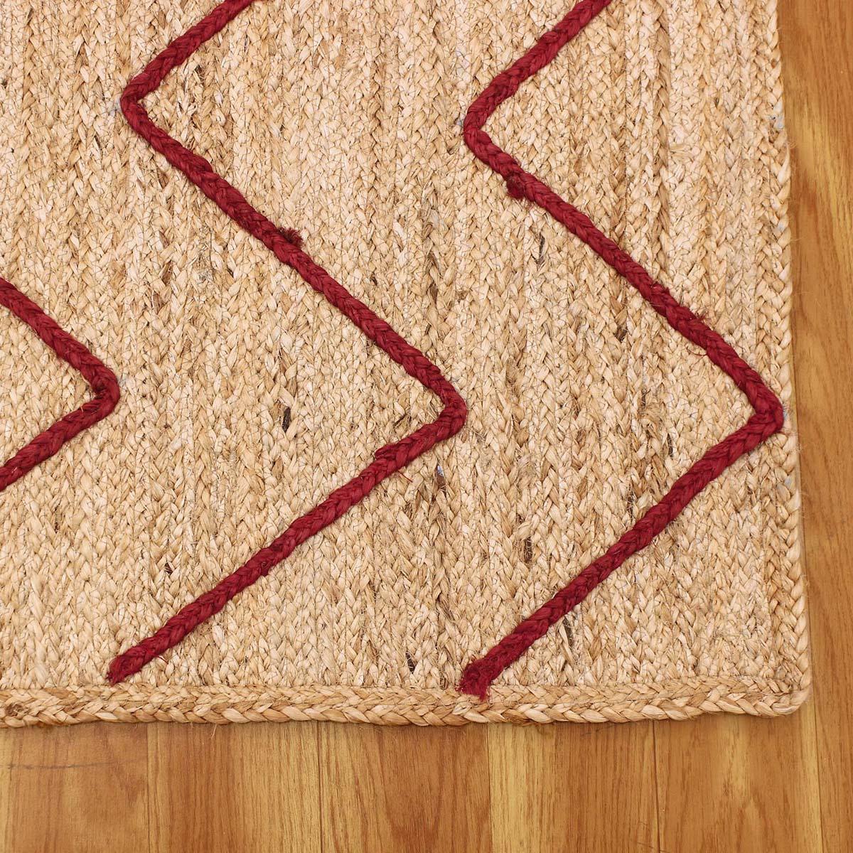 Geometric Hand Braded Beige Red Dining Hall Jute Rug - Indian Rug Store