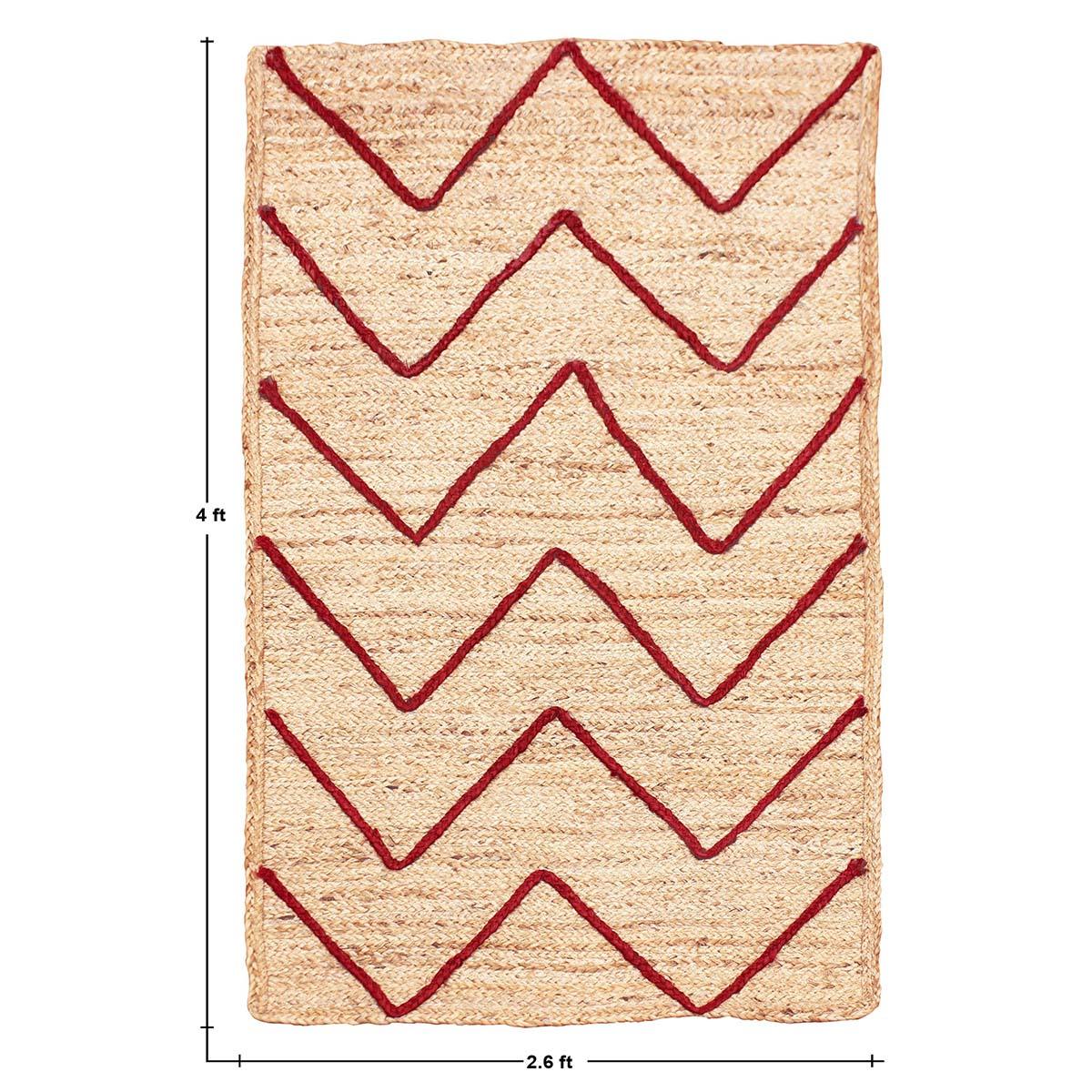 Geometric Hand Braded Beige Red Dining Hall Jute Rug - Indian Rug Store