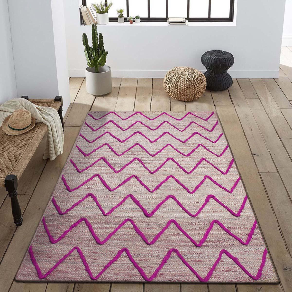 Geometric Hand Braded Beige pink Farmhouse Jute Rug - Indian Rug Store