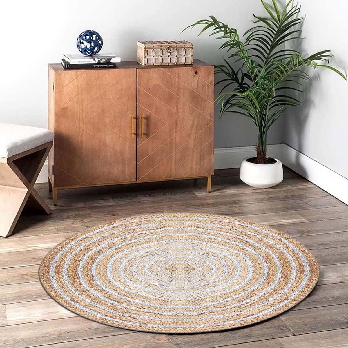 Hand Braided Farm House Decor Beige White Geometric Jute Rug - Indian Rug Store