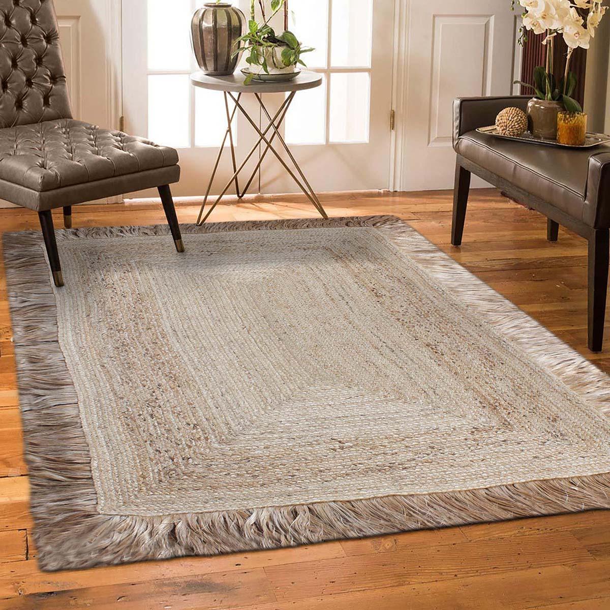 Geometric Hand Braided Beige Hallway Runner Jute Rug - Indian Rug Store