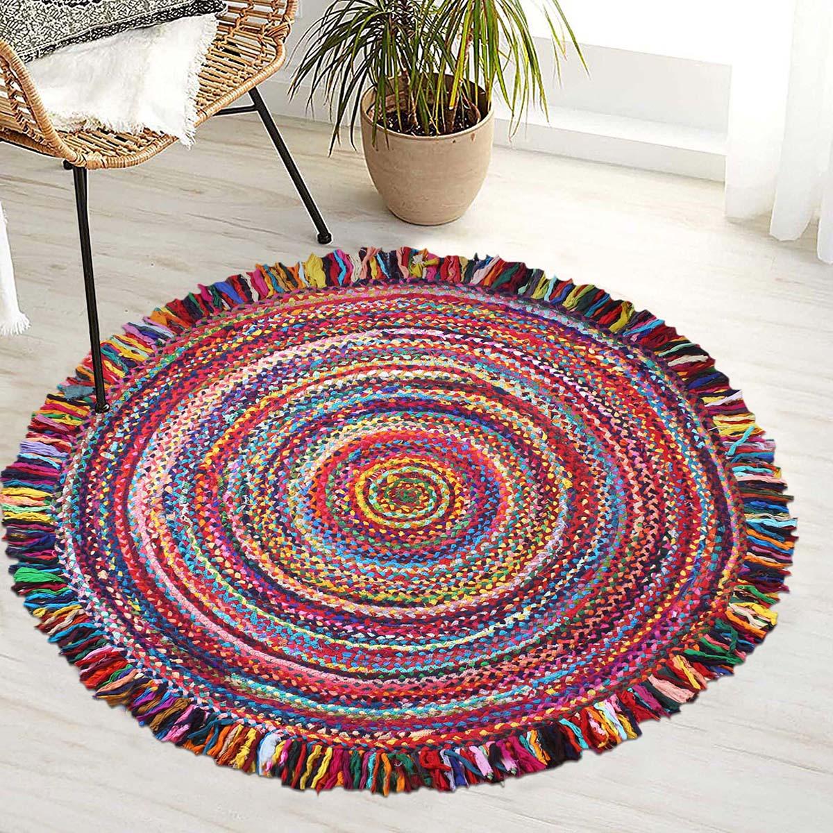 Hand Braided Home Decor Multicolor Geometric Cotton Chindi Rug - Indian Rug Store