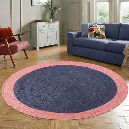 Hand Braided Home Decor Blue Pink Geometric Jute Rug - Indian Rug Store