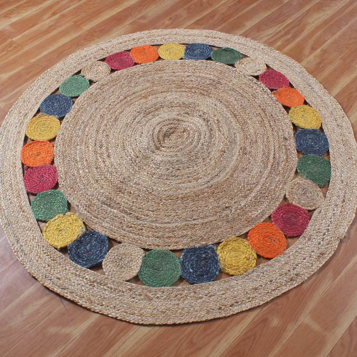 Beige Multicolor Hand Braided Home Decor Geometric Jute Rug - Indian Rug Store