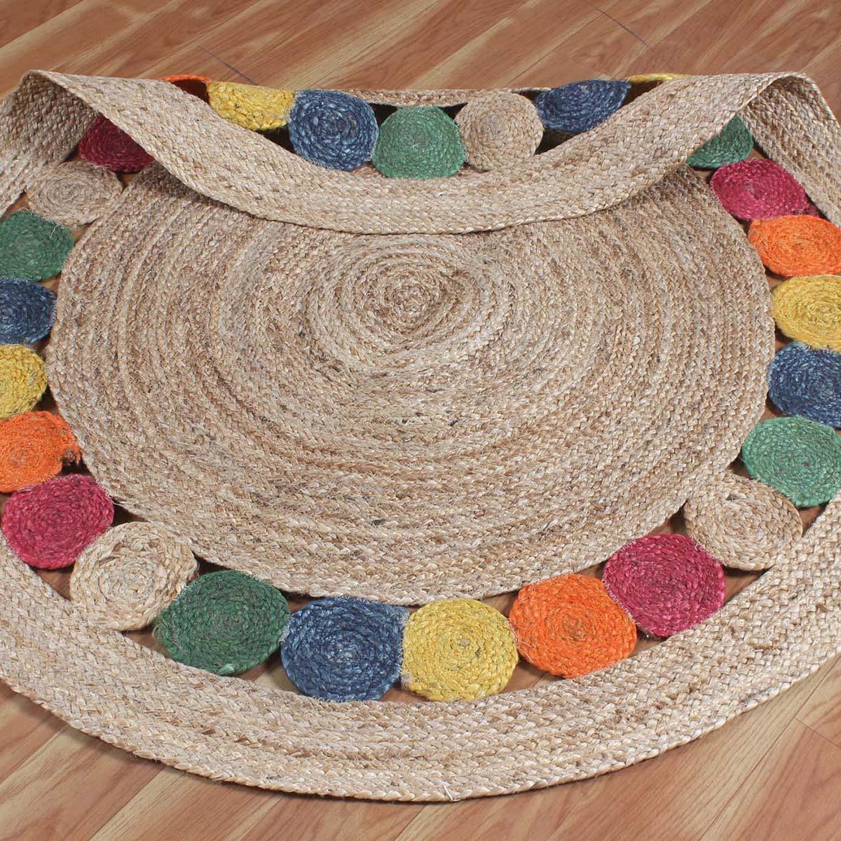 Beige Multicolor Hand Braided Home Decor Geometric Jute Rug - Indian Rug Store