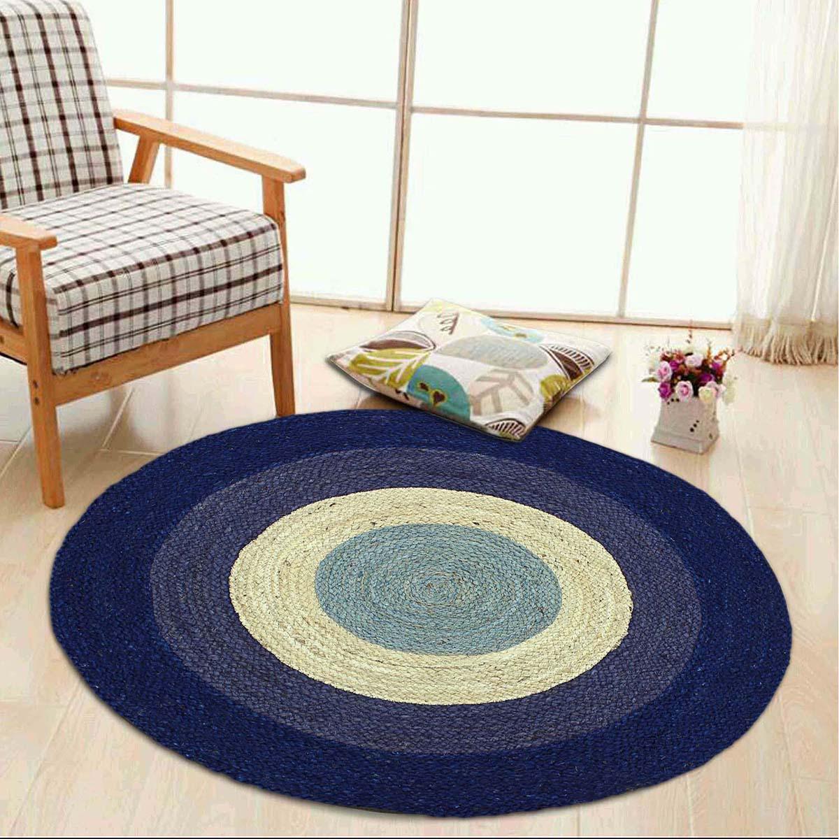 Hand Braided Beige Blue Home Decor Geometrical Jute Rug - Indian Rug Store