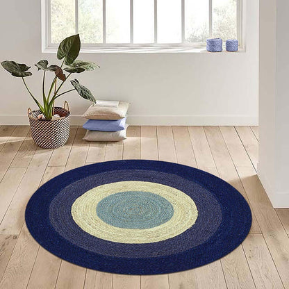 Hand Braided Beige Blue Home Decor Geometrical Jute Rug - Indian Rug Store