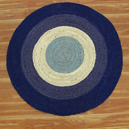 Hand Braided Beige Blue Home Decor Geometrical Jute Rug - Indian Rug Store