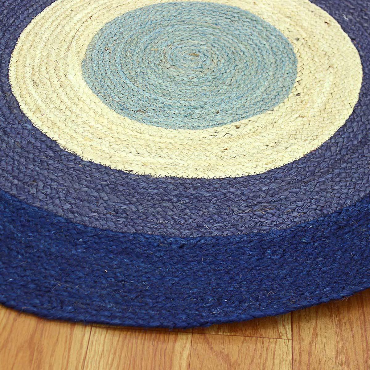 Hand Braided Beige Blue Home Decor Geometrical Jute Rug - Indian Rug Store