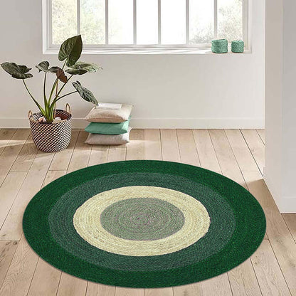 Hand Braided Home Decor Geometrical Beige Dark Green Jute Rug - Indian Rug Store