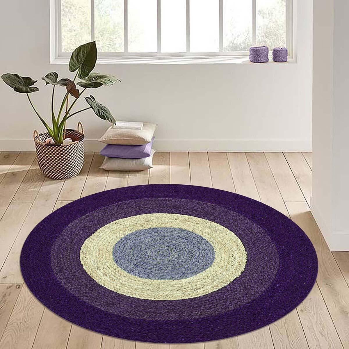 Beige Purple Hand Braided Home Decor Geometric Jute Rug - Indian Rug Store