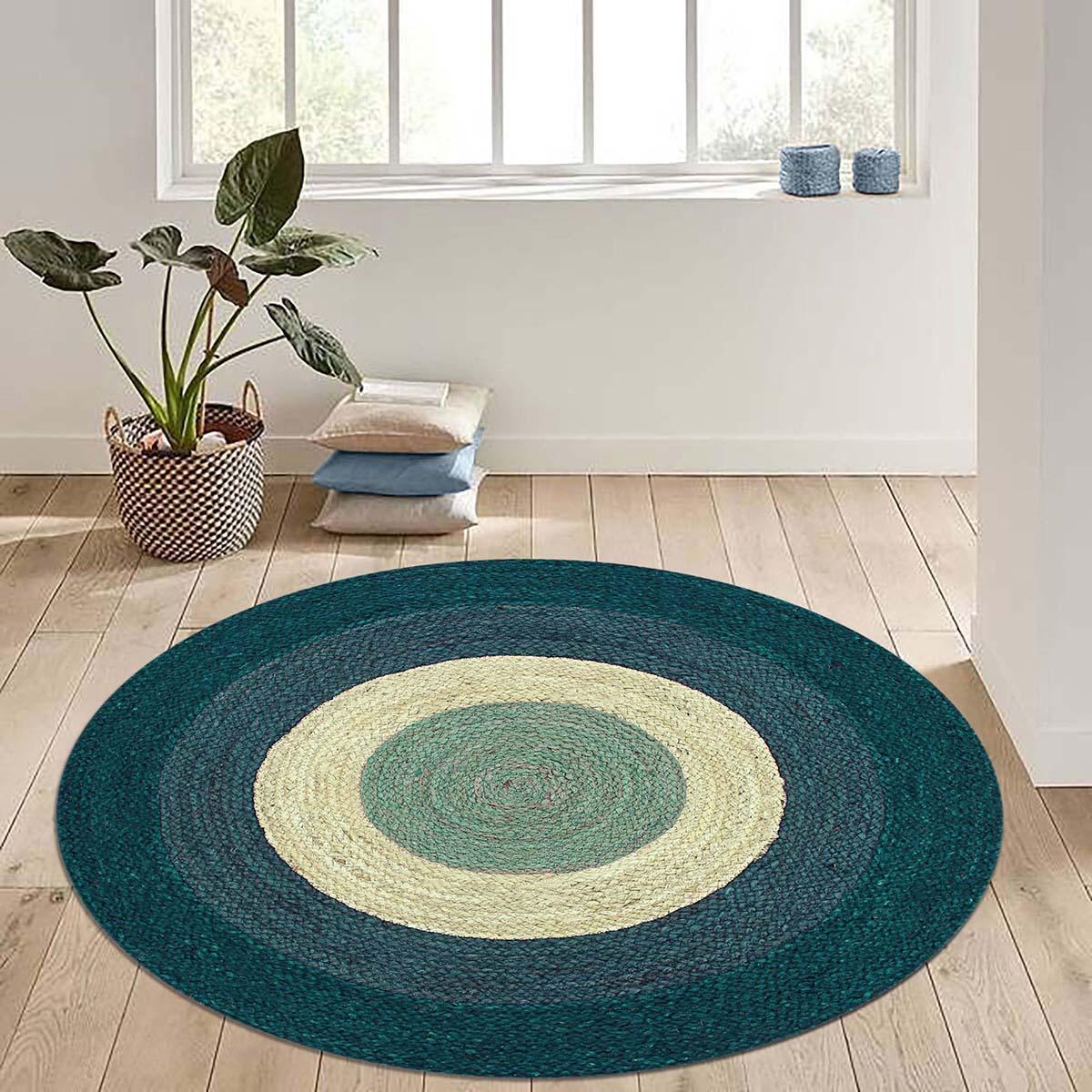 Geometrical Beige Teal Blue Hand Braided Farmhouse Jute Rug - Indian Rug Store