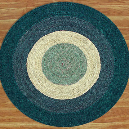 Geometrical Beige Teal Blue Hand Braided Farmhouse Jute Rug - Indian Rug Store