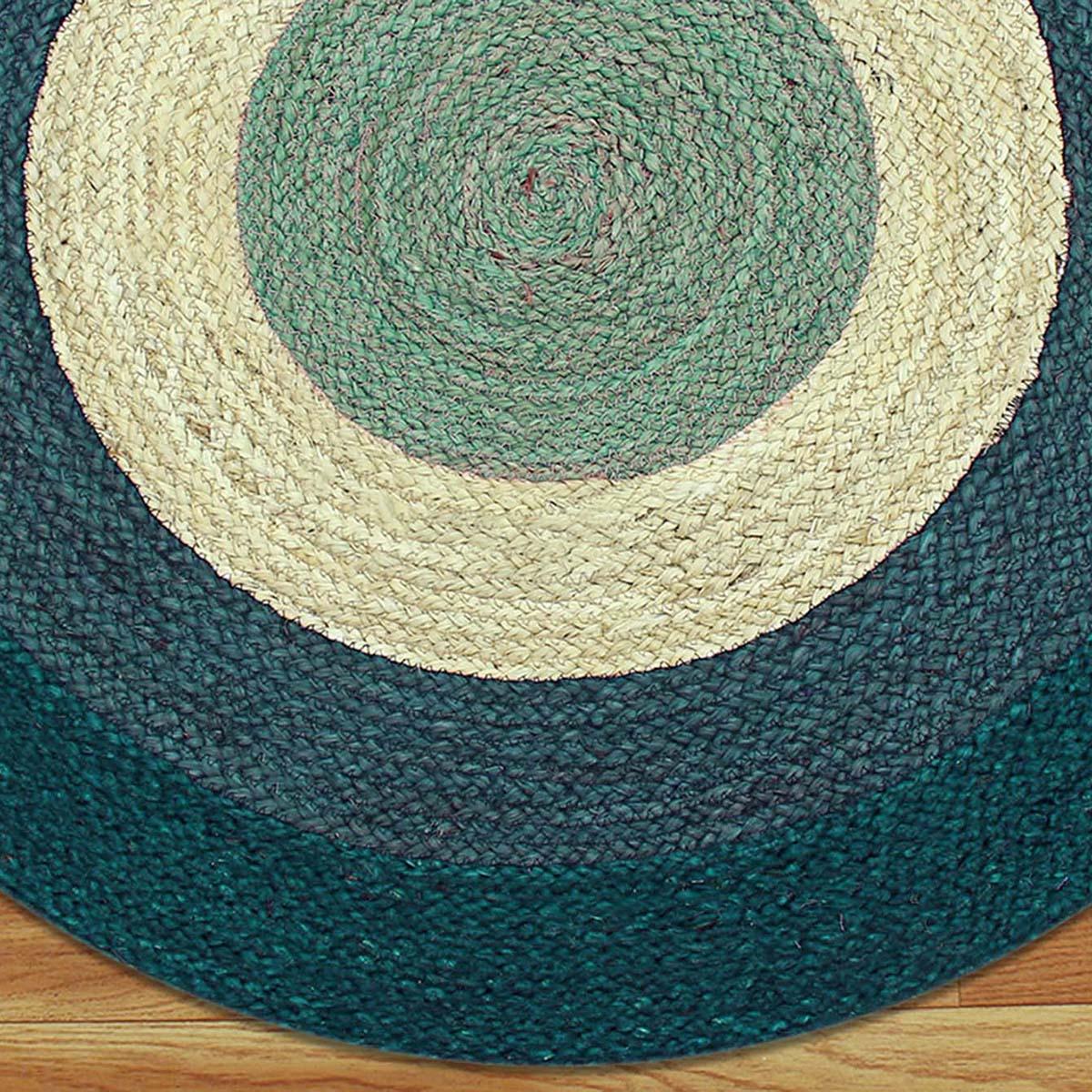 Geometrical Beige Teal Blue Hand Braided Farmhouse Jute Rug - Indian Rug Store