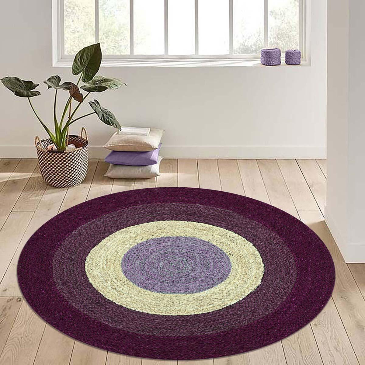 Hand Braided Home Decor Geometrical Beige Purple Jute Rug - Indian Rug Store