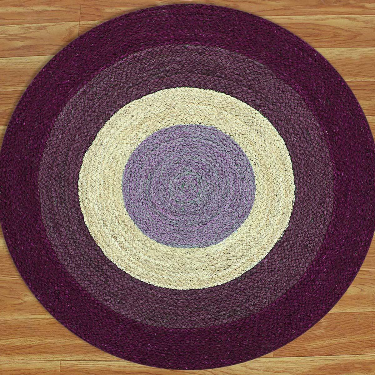 Hand Braided Home Decor Geometrical Beige Purple Jute Rug - Indian Rug Store