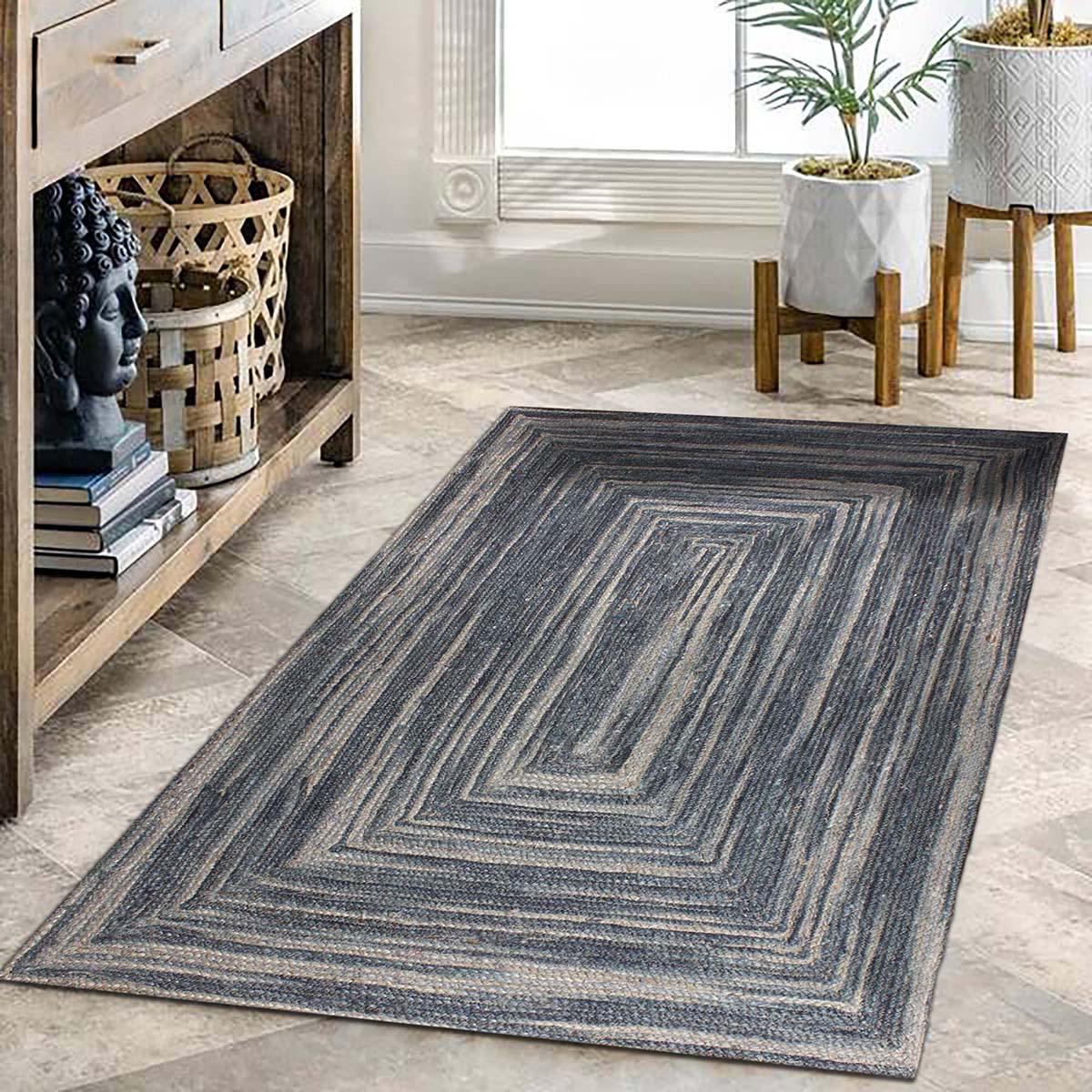 Hand Braided Geometric Blue Guest Room Jute Rug - Indian Rug Store