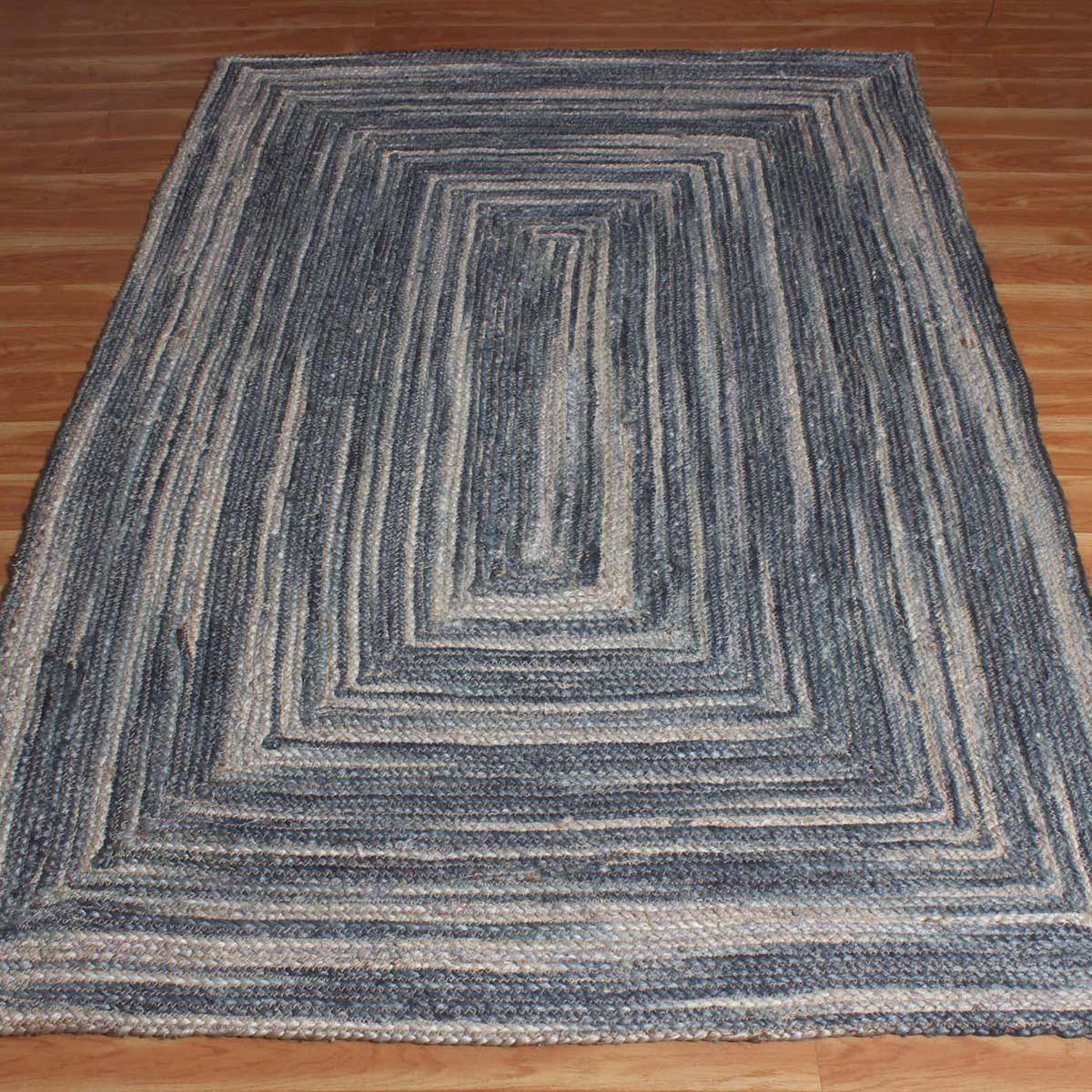 Hand Braided Geometric Blue Guest Room Jute Rug - Indian Rug Store