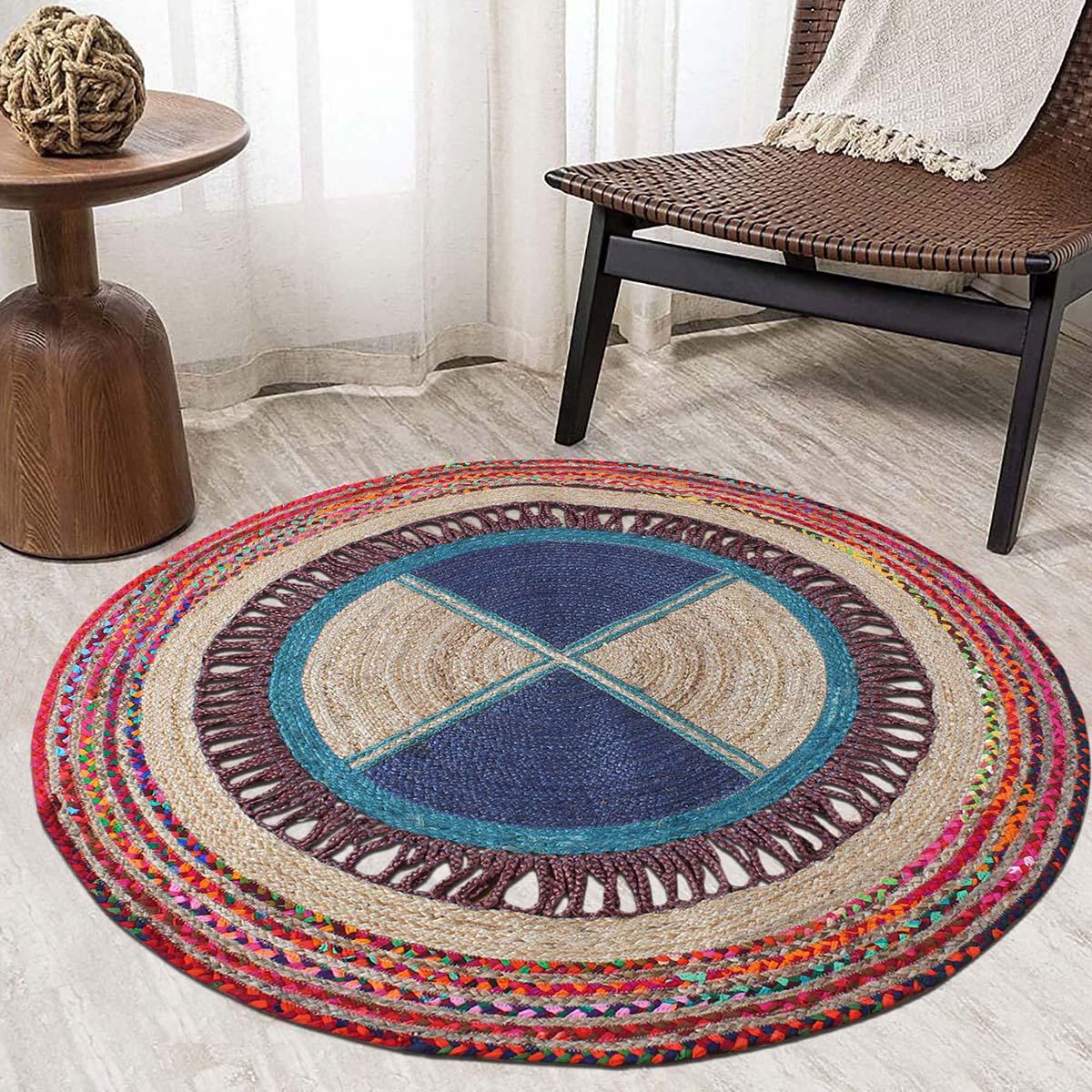 Multicolour Beige Hand Braided Home Decor Geometric Jute Rug - Indian Rug Store