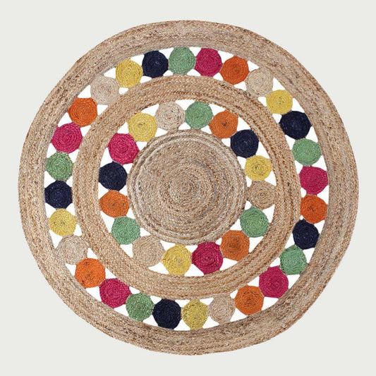 Hand Braided Home Decor Beige Multicolor Round Jute Rug - Indian Rug Store