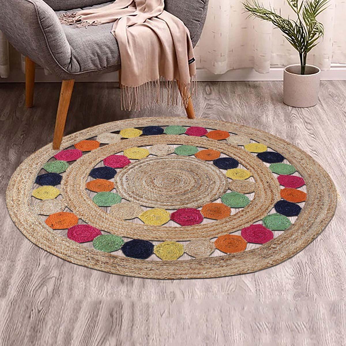 Hand Braided Home Decor Beige Multicolor Round Jute Rug - Indian Rug Store