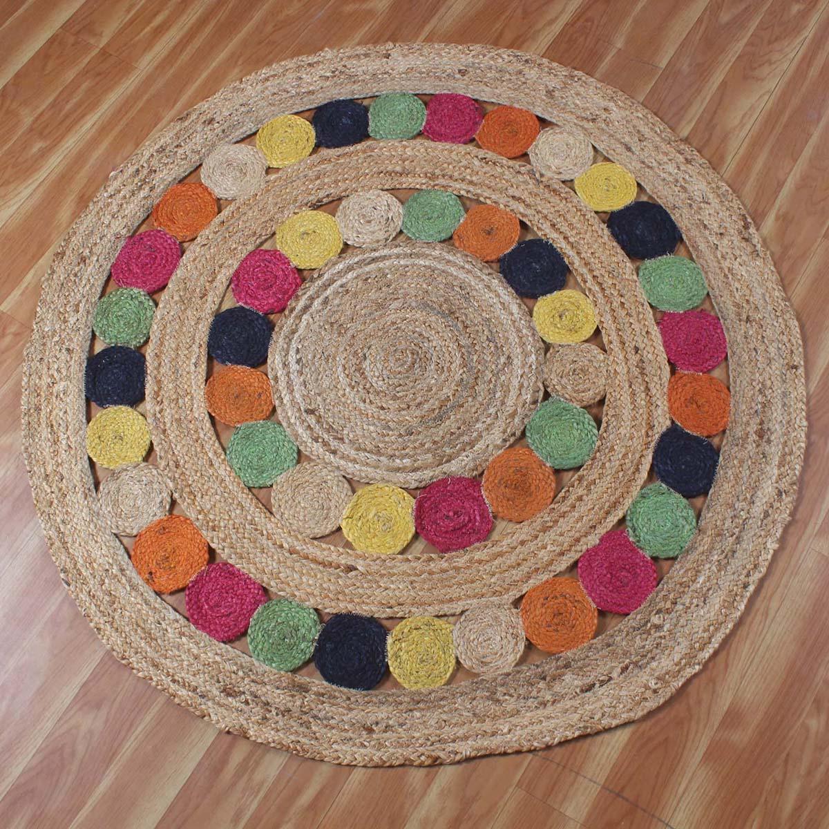 Hand Braided Home Decor Beige Multicolor Round Jute Rug - Indian Rug Store