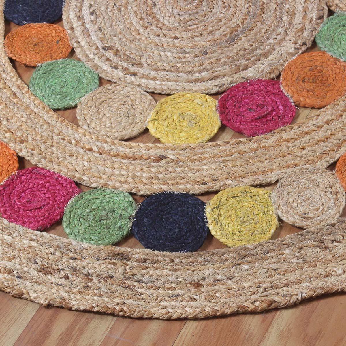 Hand Braided Home Decor Beige Multicolor Round Jute Rug - Indian Rug Store