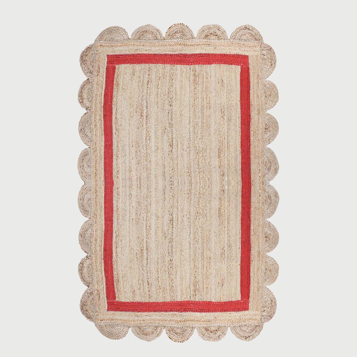 Hand Braided Geeometric Beige Red Hallway Runner Jute Rug - Indian Rug Store