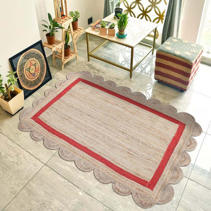 Hand Braided Geeometric Beige Red Hallway Runner Jute Rug - Indian Rug Store