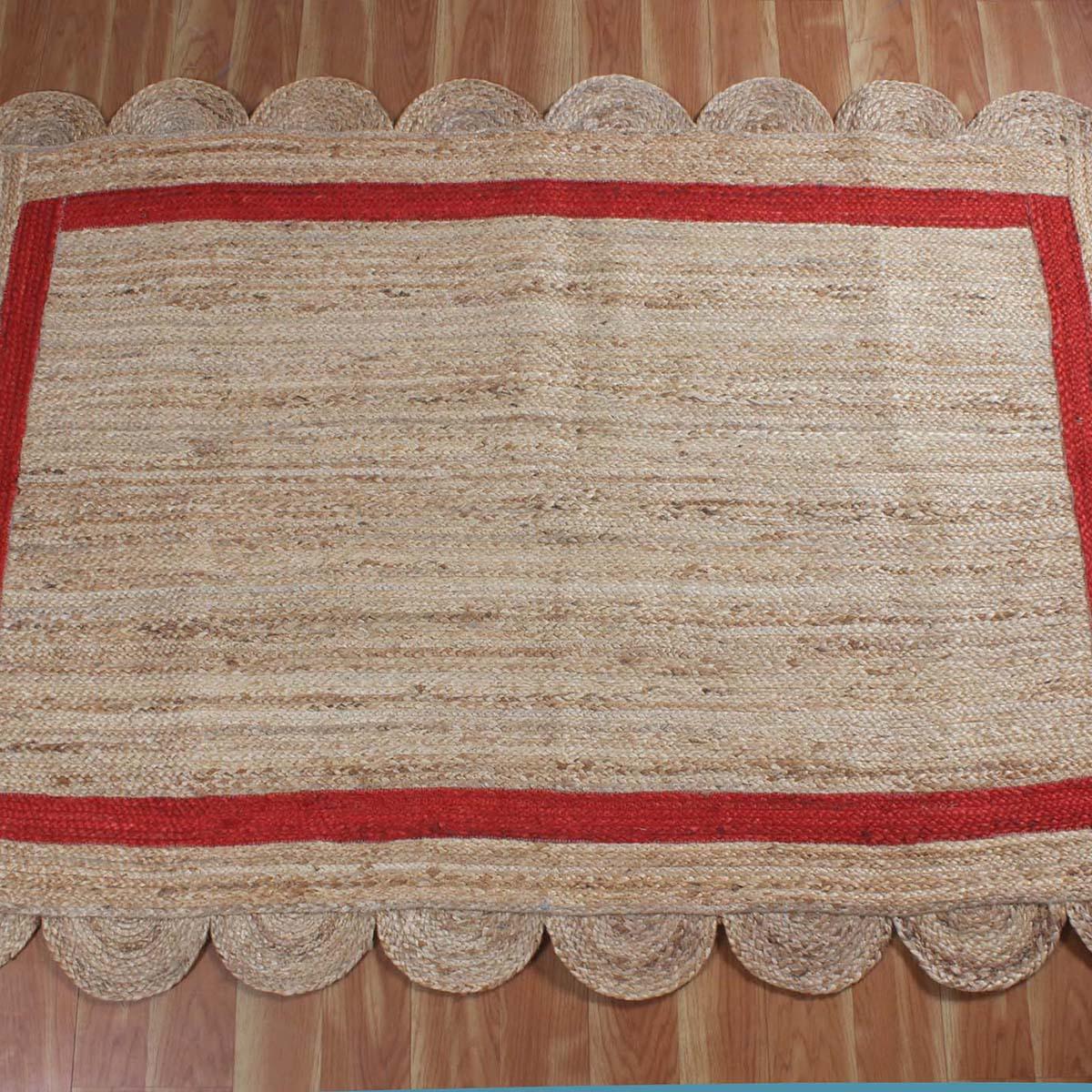 Hand Braided Geeometric Beige Red Hallway Runner Jute Rug - Indian Rug Store