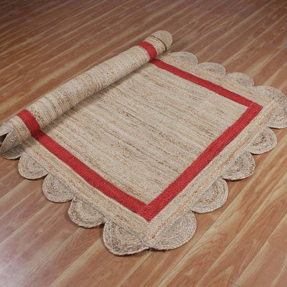 Hand Braided Geeometric Beige Red Hallway Runner Jute Rug - Indian Rug Store