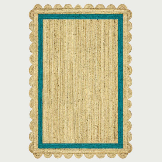 Geometric Hand Braded Beige Teal Green Living Room Jute Rug - Indian Rug Store