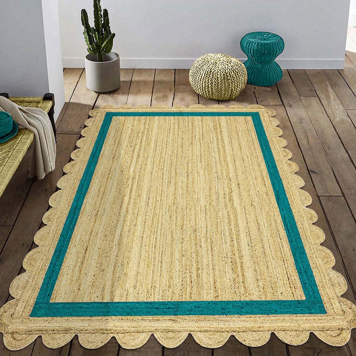 Geometric Hand Braded Beige Teal Green Living Room Jute Rug - Indian Rug Store